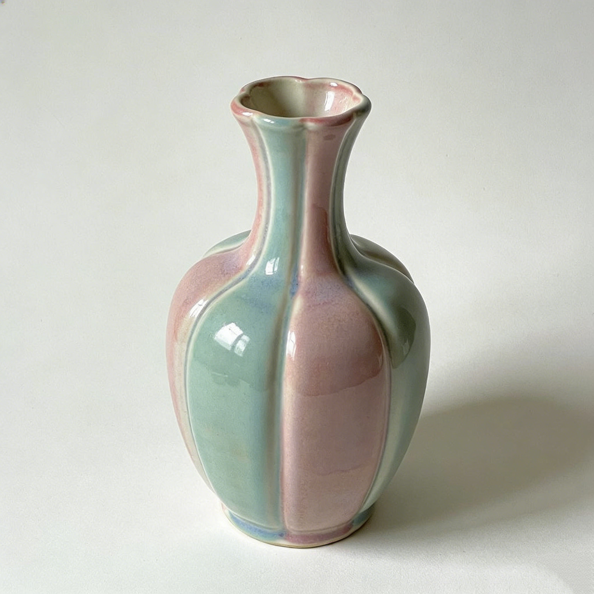 Pink and Green Color-Blocked Ribbed Vase